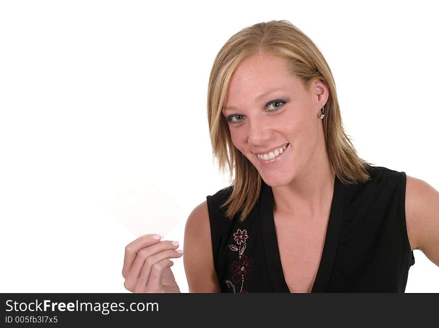 Attractive smiling business woman holding blank card with room for text. Attractive smiling business woman holding blank card with room for text.