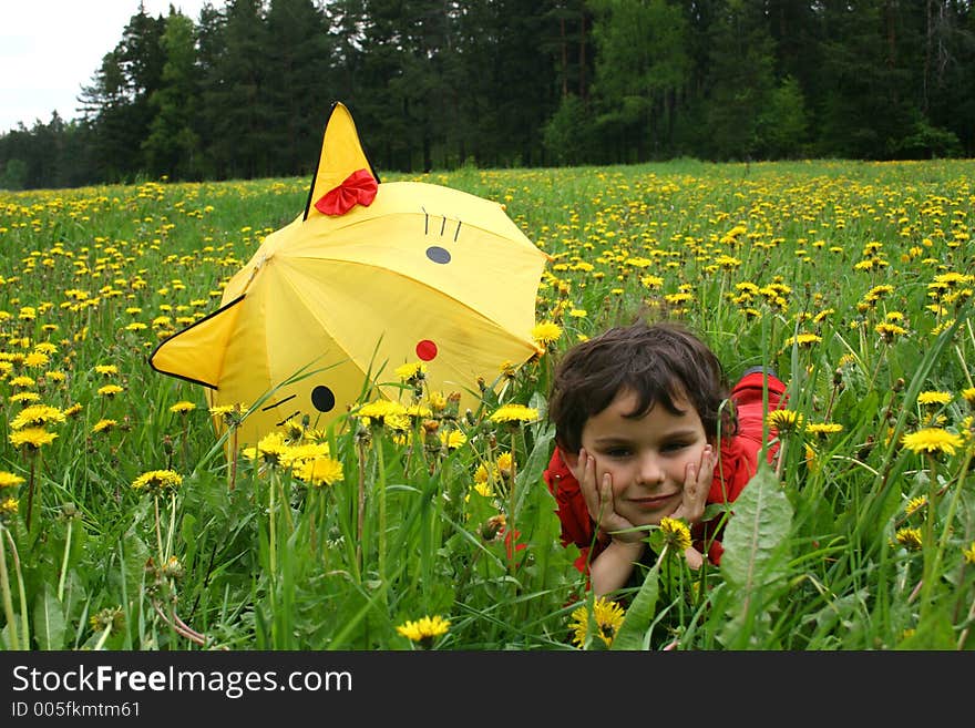 Spring day. Game on a meadow with dandelions. Spring day. Game on a meadow with dandelions.