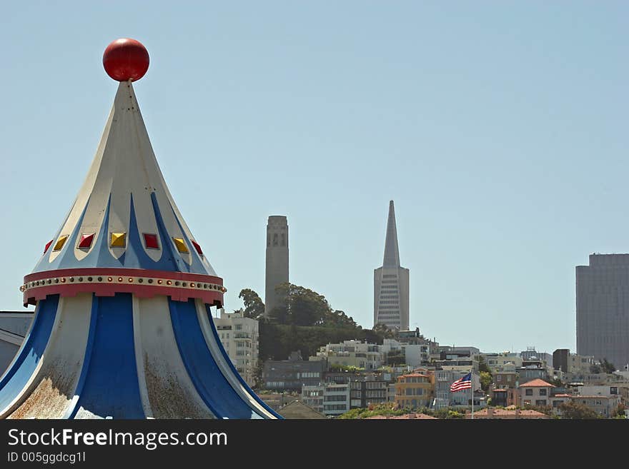 Carousel, Coit Tower, and Transamerica Building. Carousel, Coit Tower, and Transamerica Building