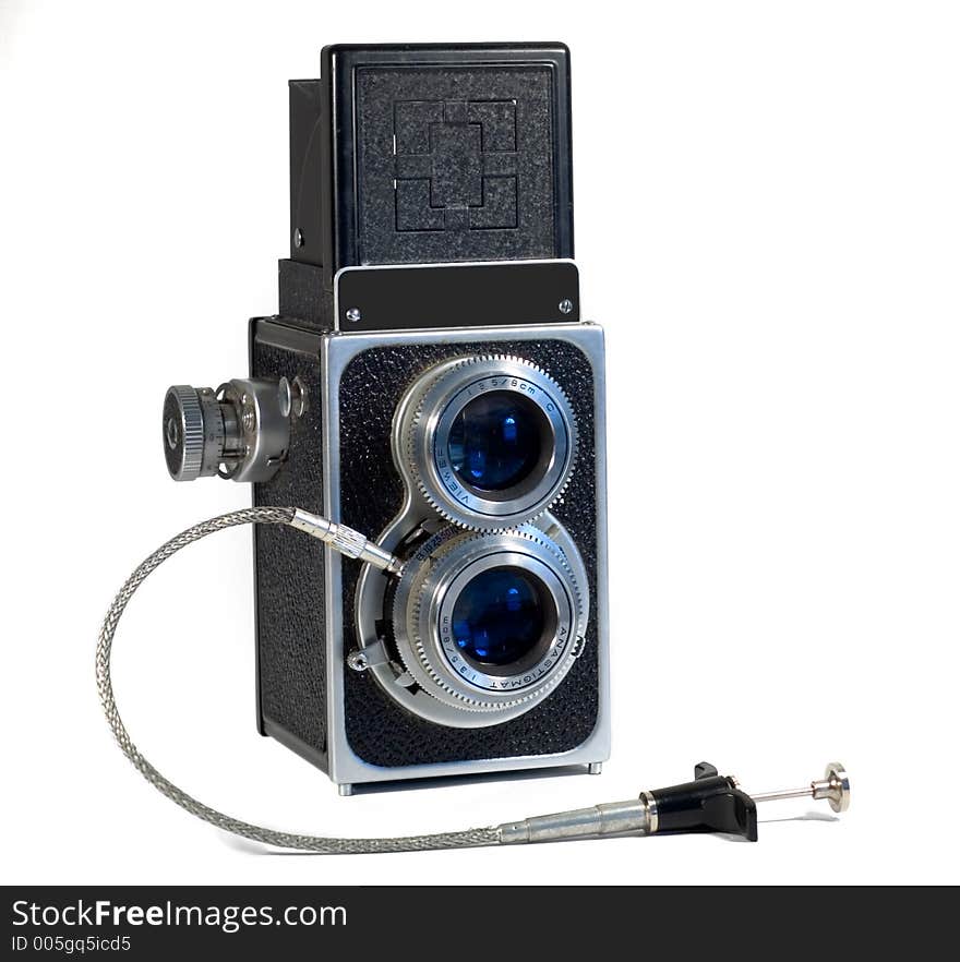 TLR Camera with remote cable release isolated on white. TLR Camera with remote cable release isolated on white