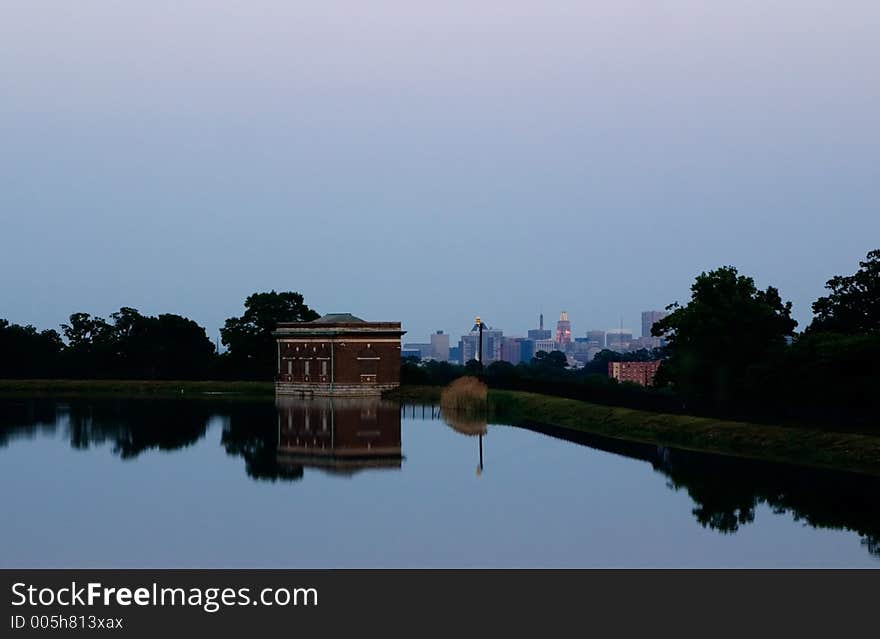 A clear pool with Baltimore in the background. A clear pool with Baltimore in the background