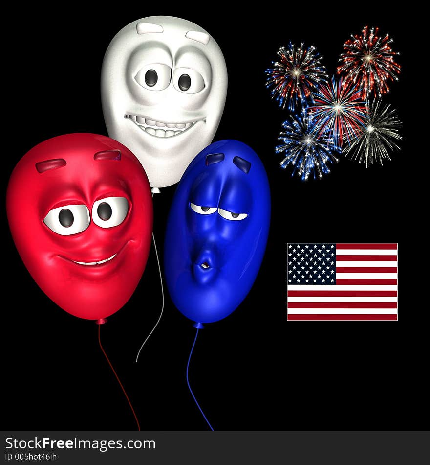 Three Smiley Balloons in red, white, and blue with fireworks and an American flag. Three Smiley Balloons in red, white, and blue with fireworks and an American flag