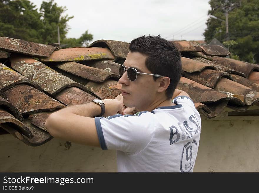 Young model in an ancient wall. Young model in an ancient wall