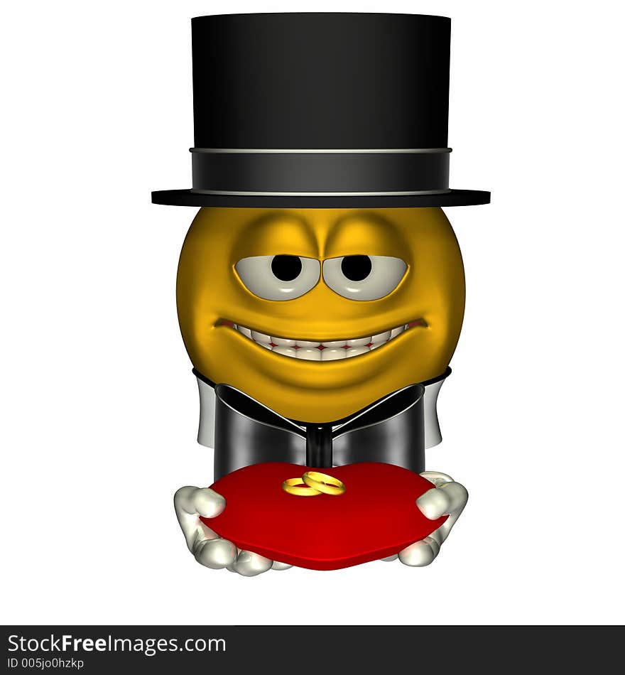 A golden wedding smiley dressed in an elegant tophat and bowtie presenting two wedding bands on a heart shaped red satin pillow. Gloves are satiny with a slight reflection. A golden wedding smiley dressed in an elegant tophat and bowtie presenting two wedding bands on a heart shaped red satin pillow. Gloves are satiny with a slight reflection.