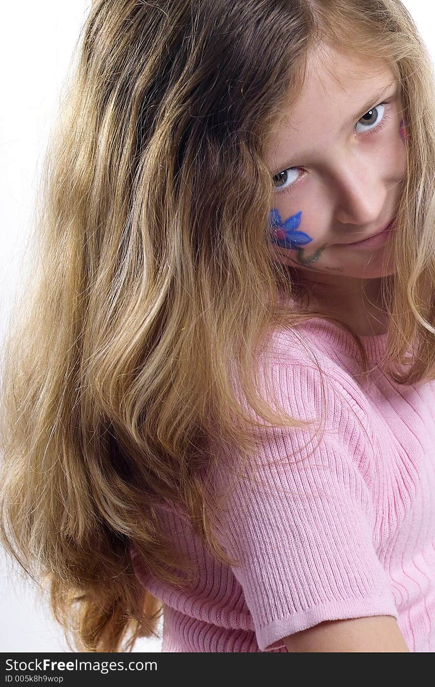 Beautiful young girl with a flower and butterfl drawing on her cheek. Beautiful young girl with a flower and butterfl drawing on her cheek