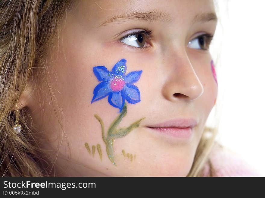 Beautiful young girl with a flower and butterfly drawing on her cheek. Beautiful young girl with a flower and butterfly drawing on her cheek