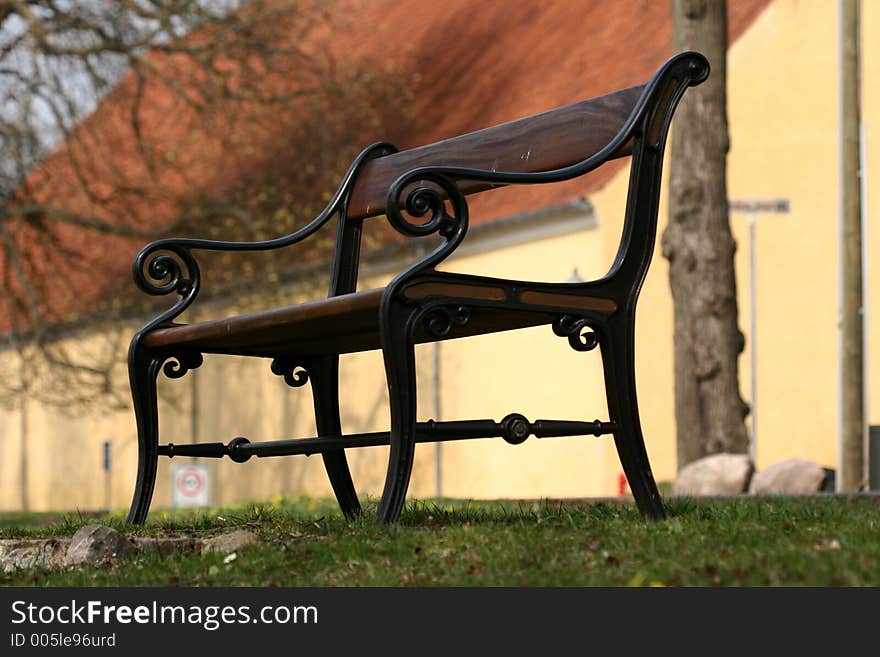 Bench   a sunny summer day   in a village in denmark