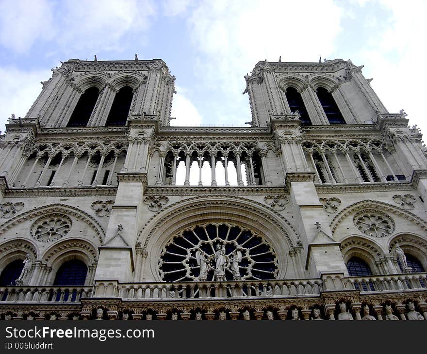 A view of Notre Dame showing the top of the Front Entrance with perspective