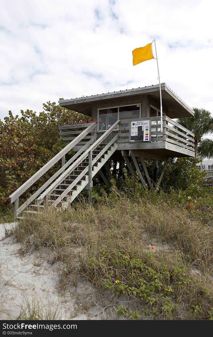 Lifeguard station on venice beach florida flying and orange flag united states taken in march 2006