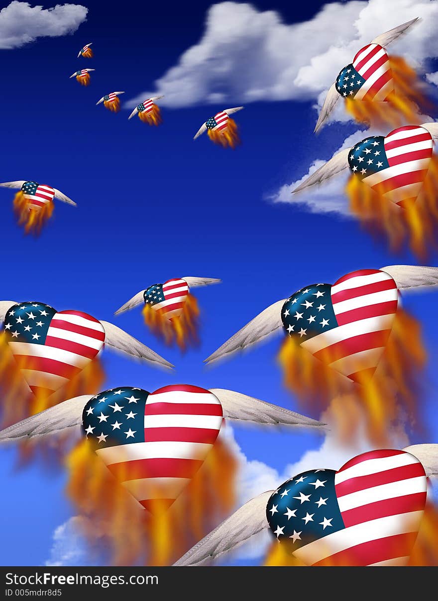 Burning USA hearts in flight. Burning USA hearts in flight