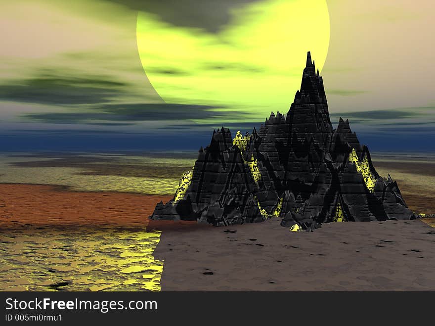 Lone mountain on rugged land big sun background