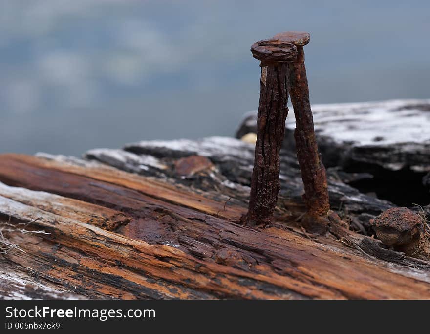 Close up of a rusty nail and on a stained plank. Front in focus as nail behind it is out of focus. Close up of a rusty nail and on a stained plank. Front in focus as nail behind it is out of focus.