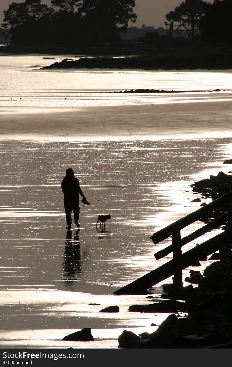 Silhouette of woman walking dog on beach at sunset. Silhouette of woman walking dog on beach at sunset