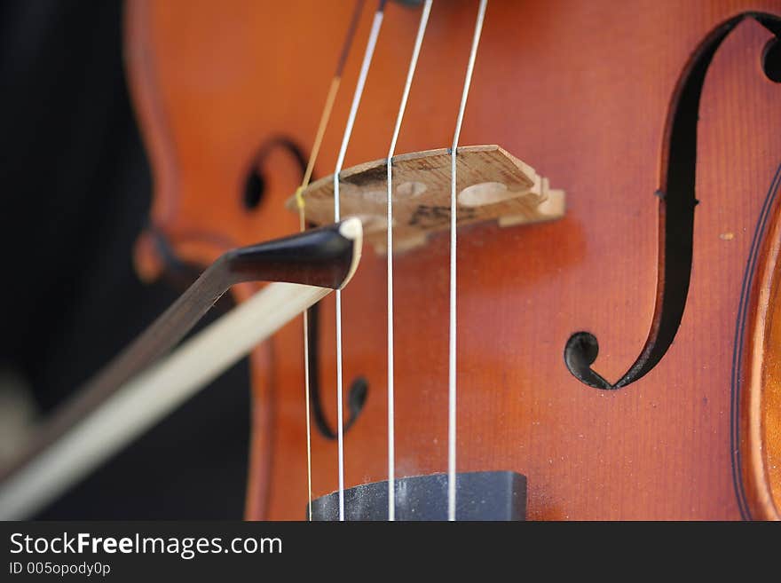 Image looking across the bridge of a violin