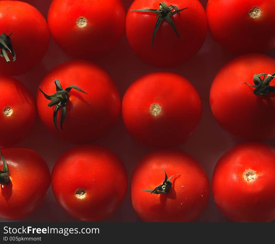 Rows of medium ripe tomatos - close up. Rows of medium ripe tomatos - close up