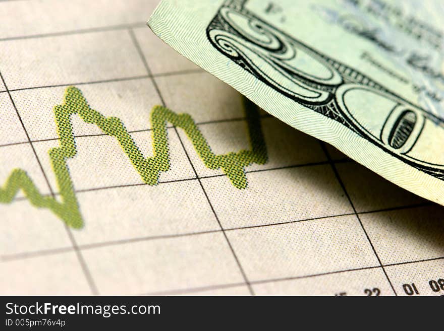 Closeup view of a twenty dollar bill and graph with shallow depth of field. Closeup view of a twenty dollar bill and graph with shallow depth of field