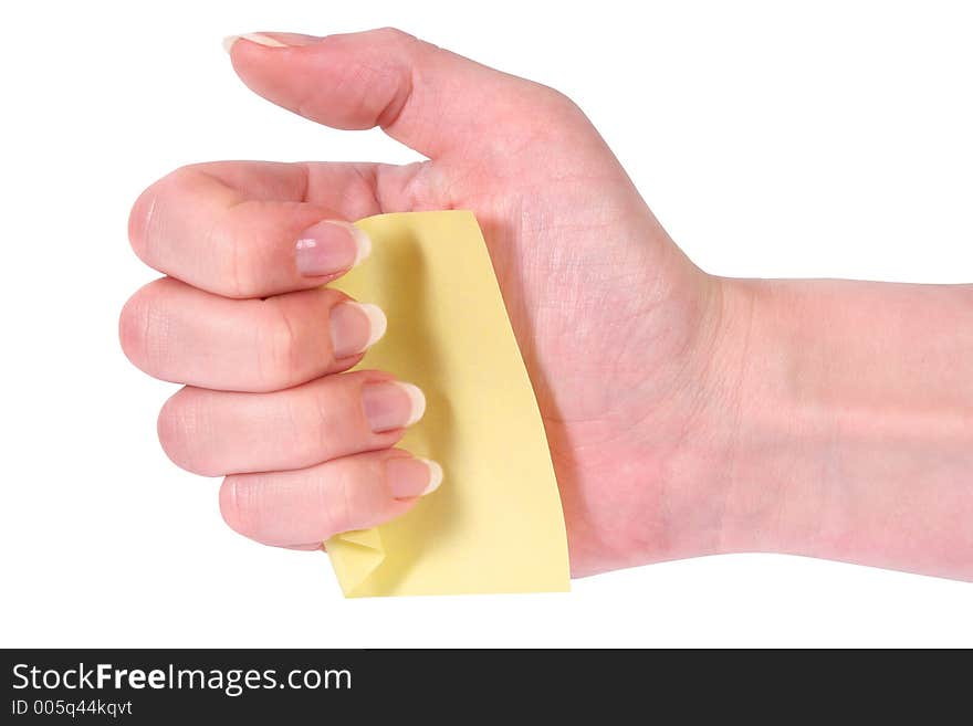 Woman Hand Holding Yellow Post-It. Woman Hand Holding Yellow Post-It