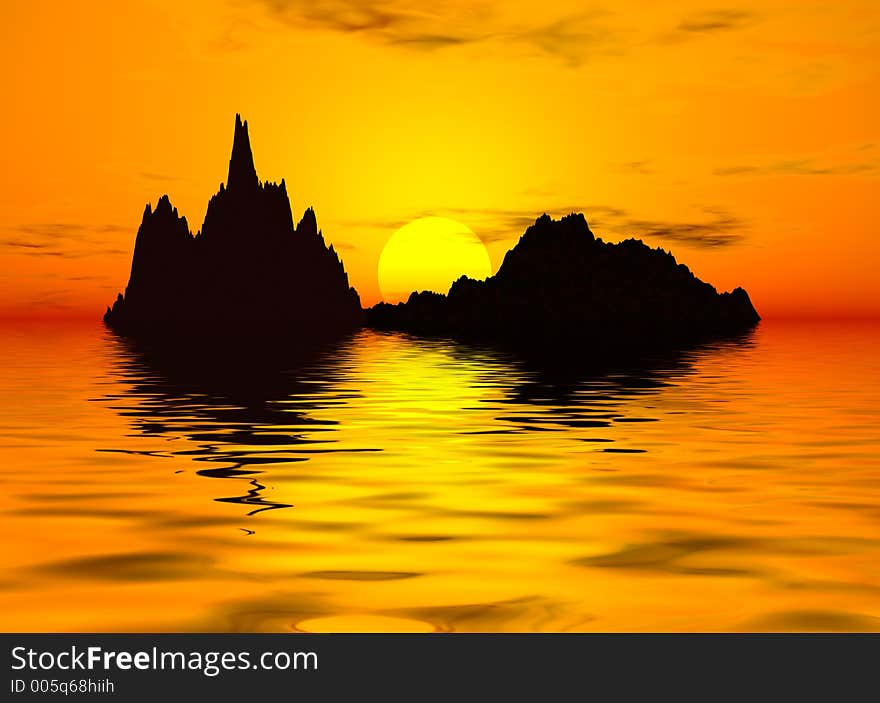 An island surrounded with beautiful sunset colors. An island surrounded with beautiful sunset colors