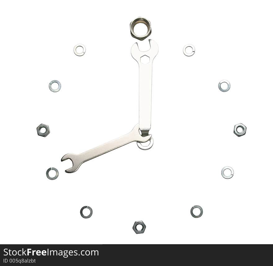 Wrenches, nuts, isolated on white, made in a form of a clock. Wrenches, nuts, isolated on white, made in a form of a clock