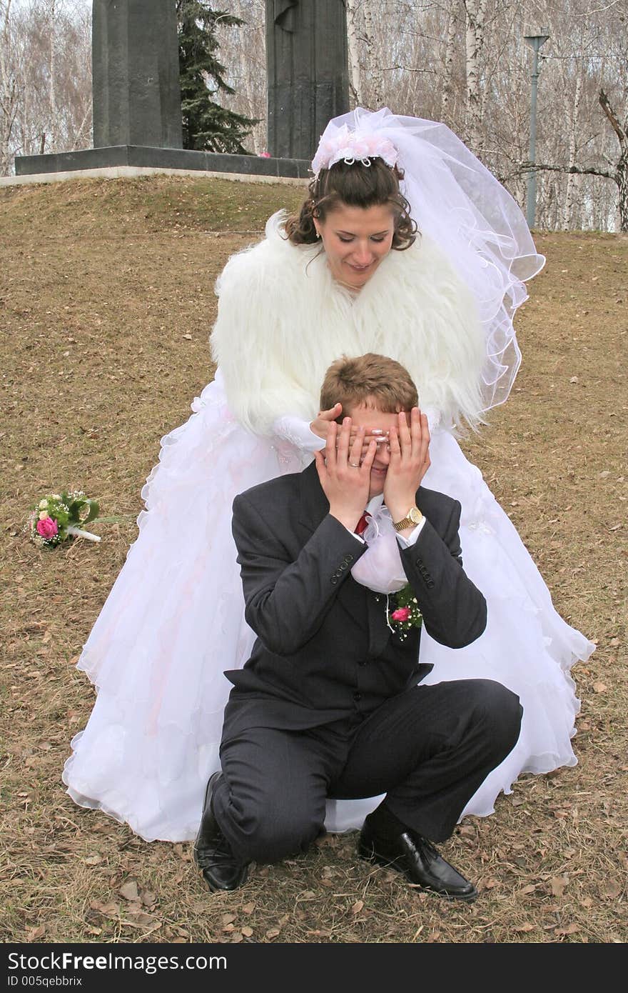 Newlywedses on walk in park. Newlywedses on walk in park