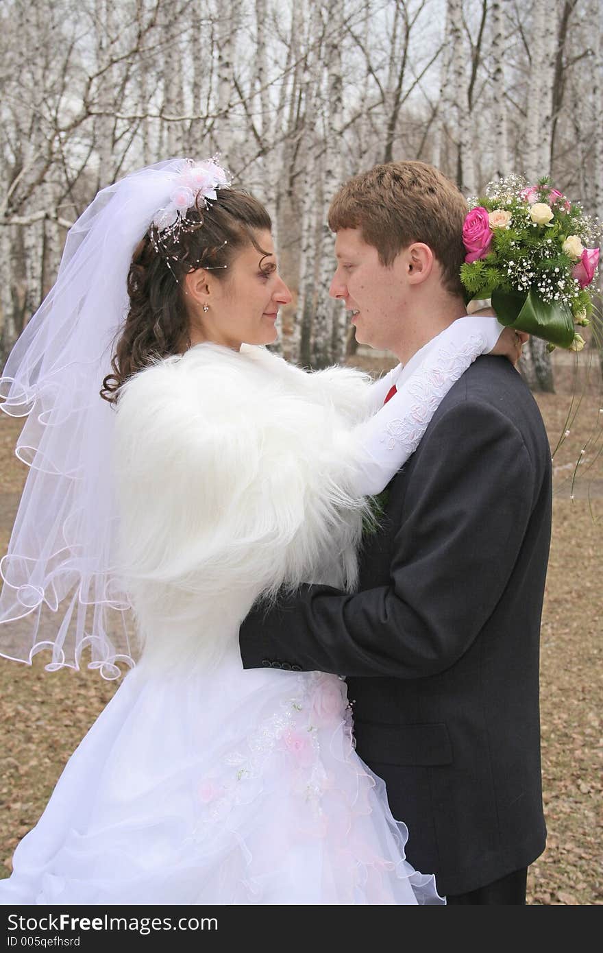 Portrait newlyweds in park. Portrait newlyweds in park