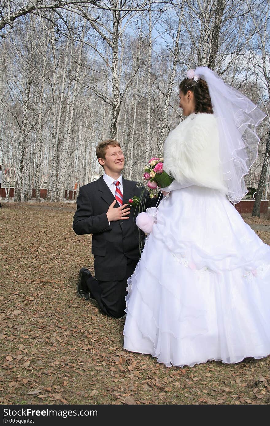 Newlywedses on walk in park. Newlywedses on walk in park