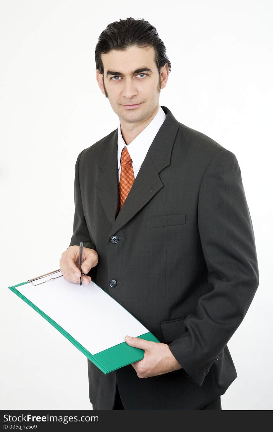 Salesman holding a clipboard. Sign here please