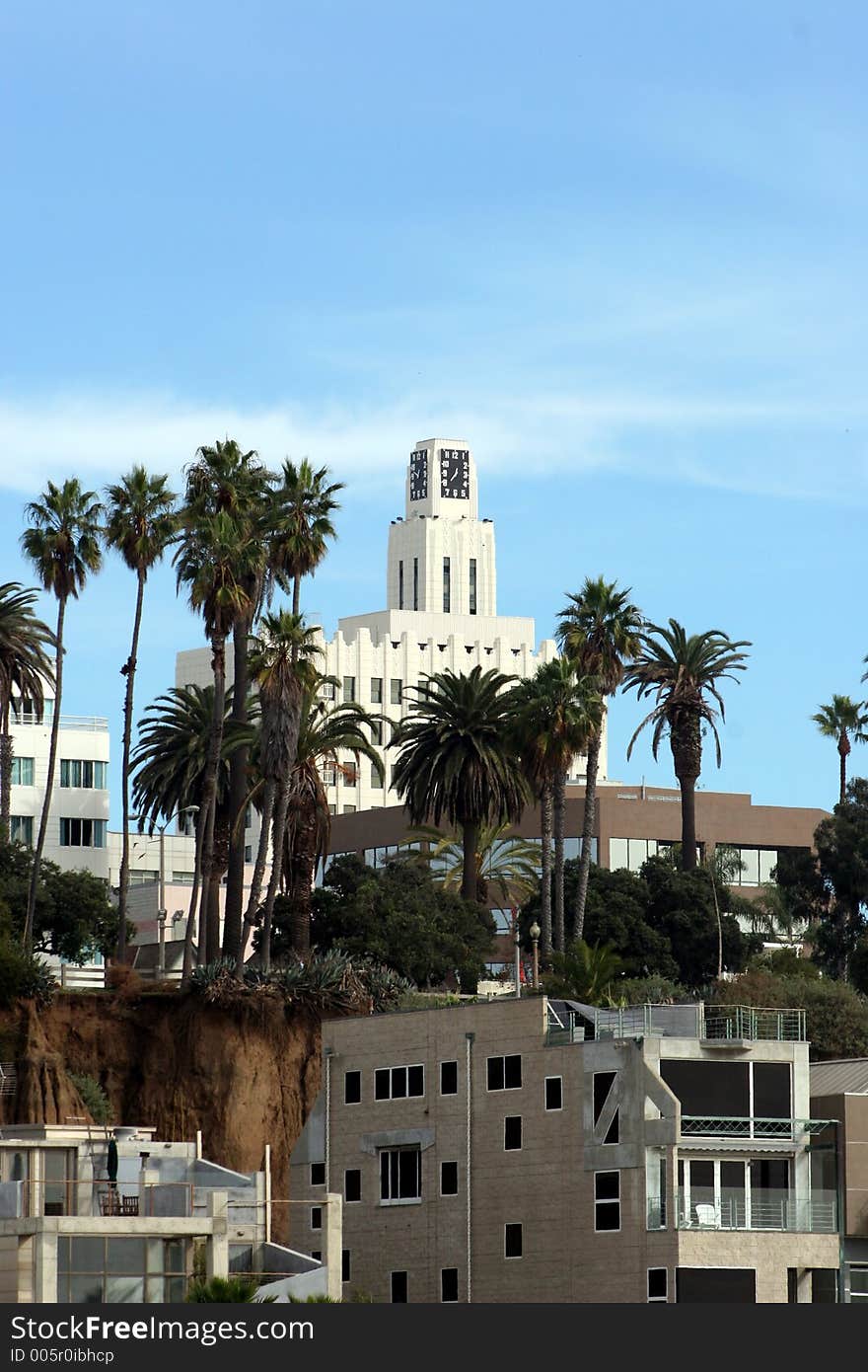 Clock tower overlooking santa monica beach. Clock tower overlooking santa monica beach.