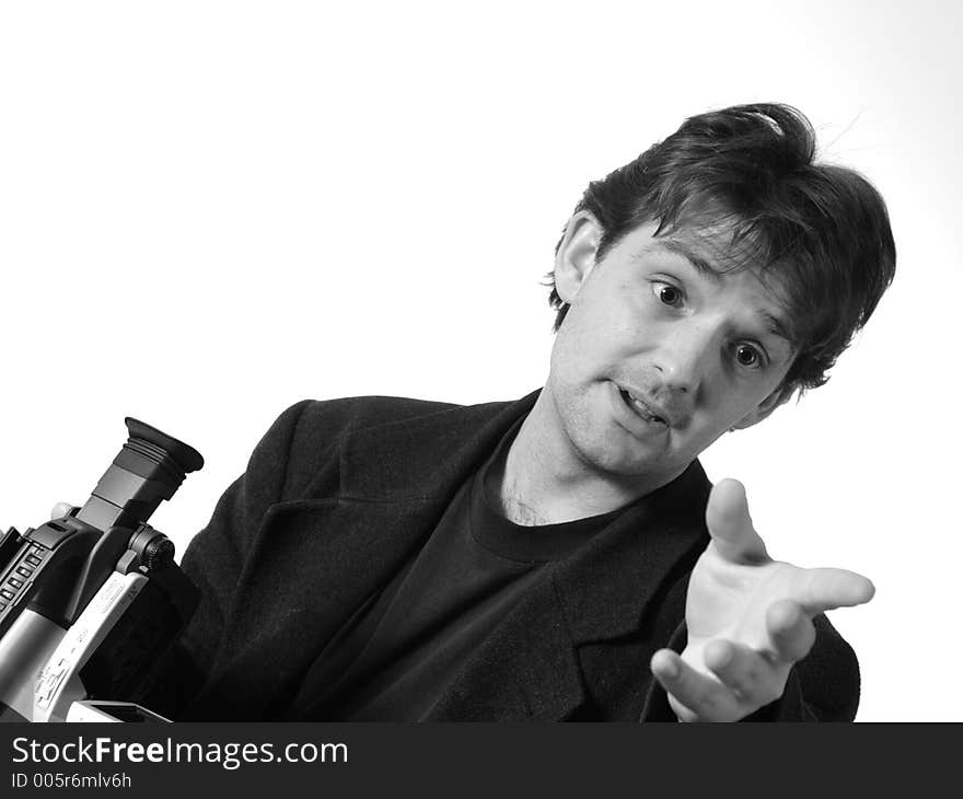 Unshaven man with video camera gesturing (black and white). Unshaven man with video camera gesturing (black and white)