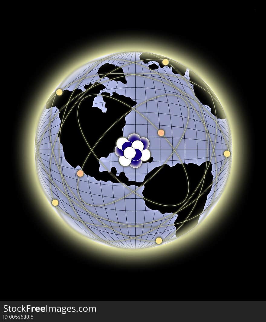 Atomic molecules on a globe symbolizing nuclear energy. Atomic molecules on a globe symbolizing nuclear energy