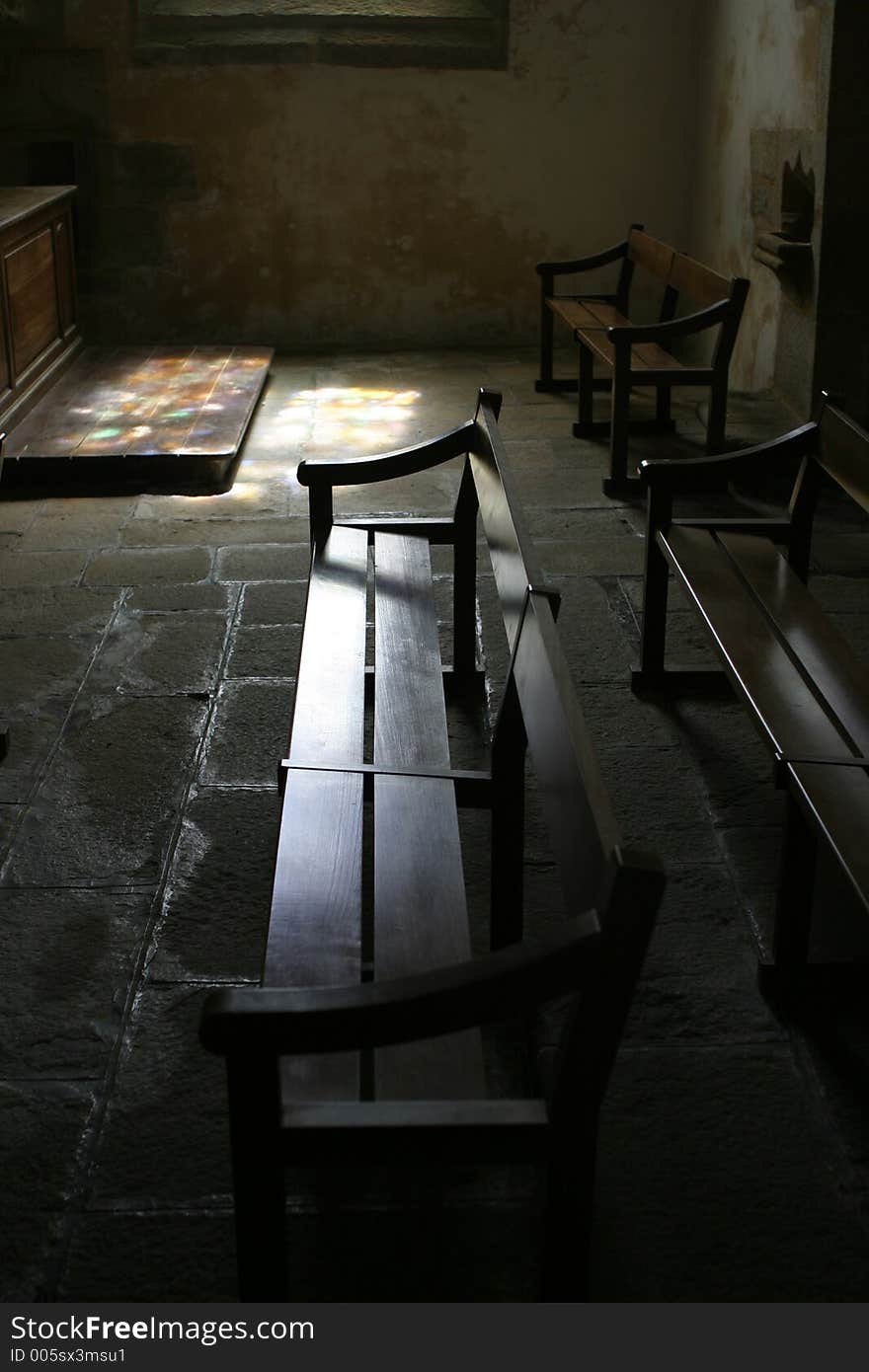 Bench in old French church. Bench in old French church