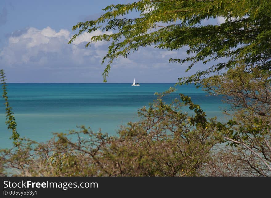 Beautiful caribbean coastline with a sailing boat in the background. Beautiful caribbean coastline with a sailing boat in the background