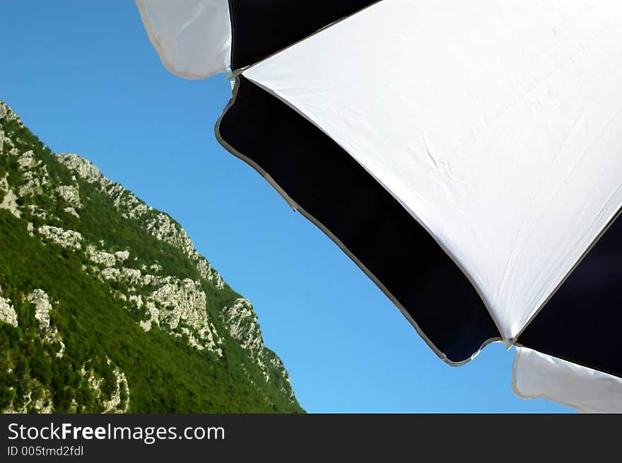 Blue and white parasol