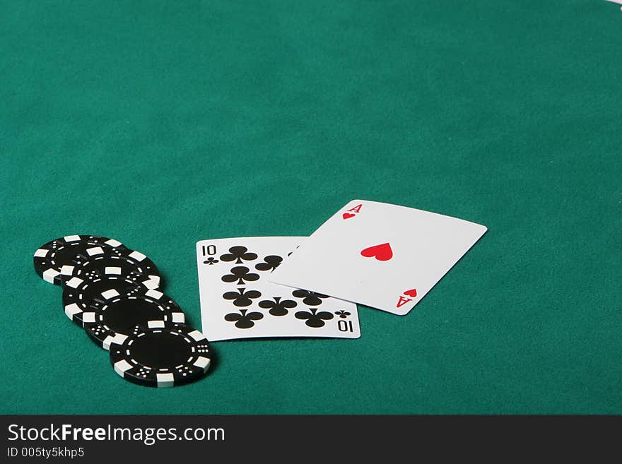 Cards in a black jack game, player checking his hand. Cards in a black jack game, player checking his hand