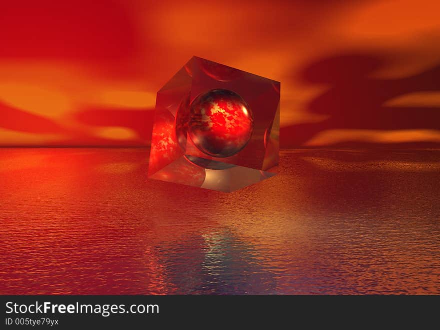 Red mystic orb in floating glass box. Red mystic orb in floating glass box