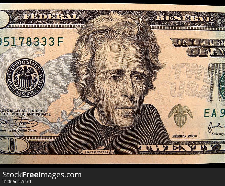 Jackson close-up on a new 20 dollars United States bill. Jackson close-up on a new 20 dollars United States bill