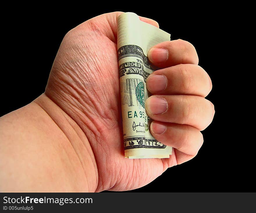 A hand holding a bunch of new 20 dollars United States currency. A hand holding a bunch of new 20 dollars United States currency