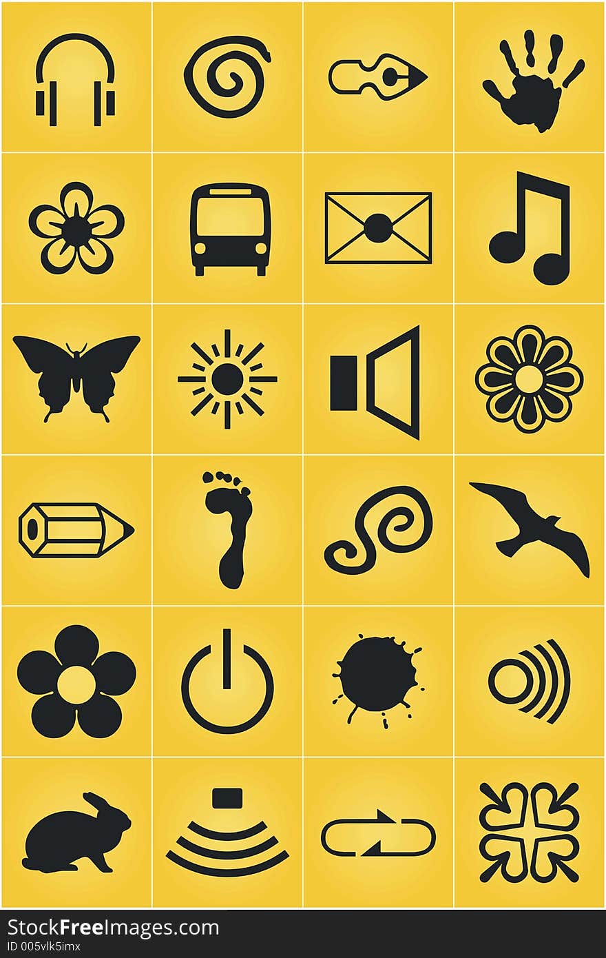A set of signs and icons on yellow background.