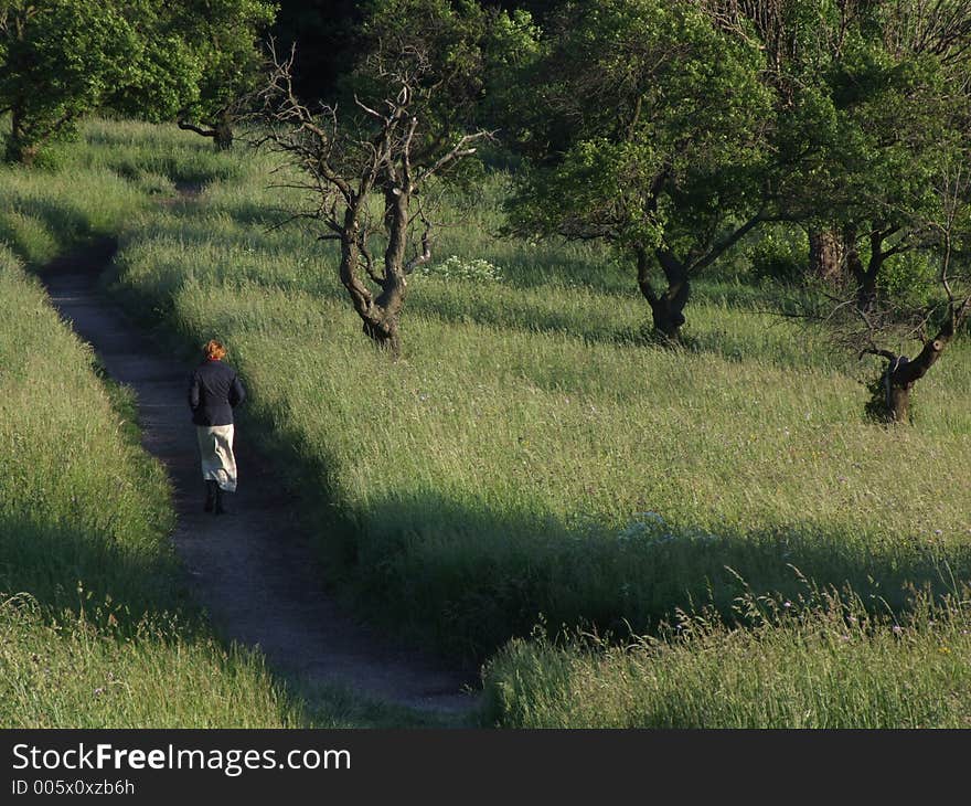 Woman walking through the grassland