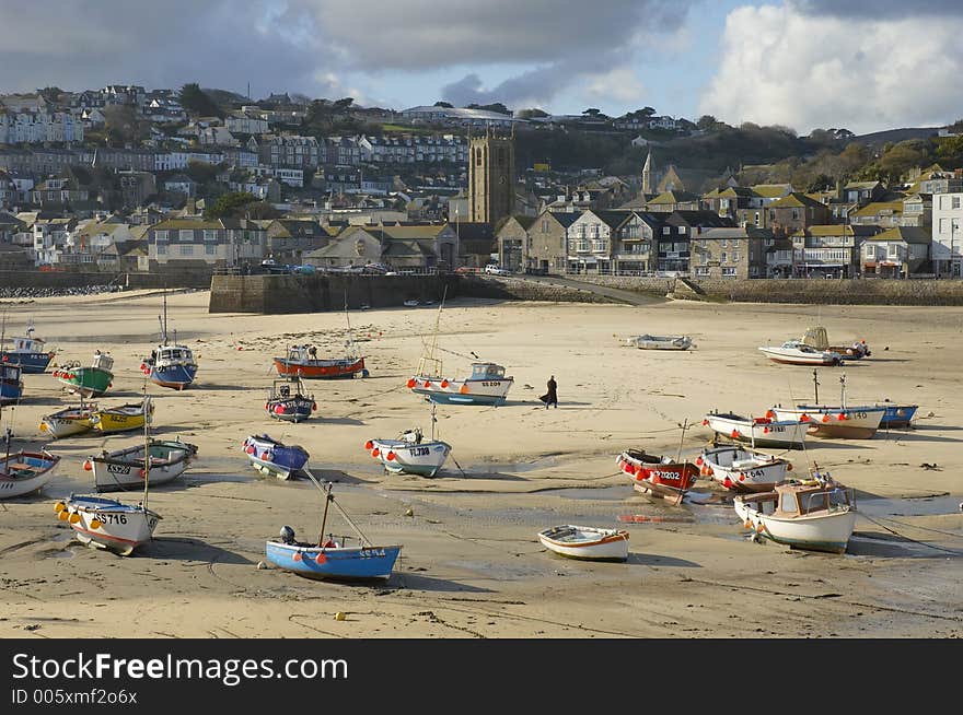 Boats with low tide in St Yves, Cornwall, United Kingdom