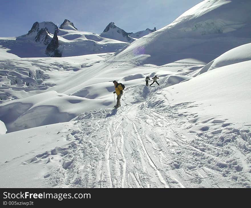 Snowboader on the Vallee Blanche. Snowboader on the Vallee Blanche