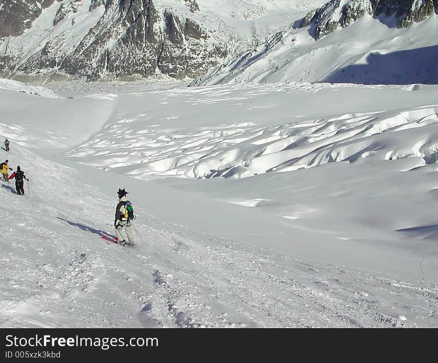 Skiers on the Vallee Blanche. Skiers on the Vallee Blanche