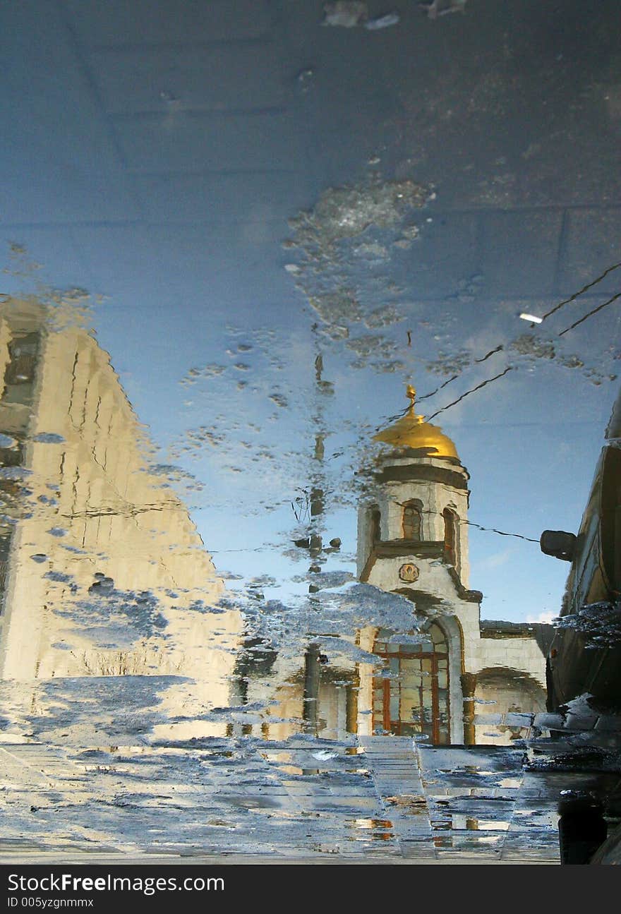 Reflection of a temple in spring pools