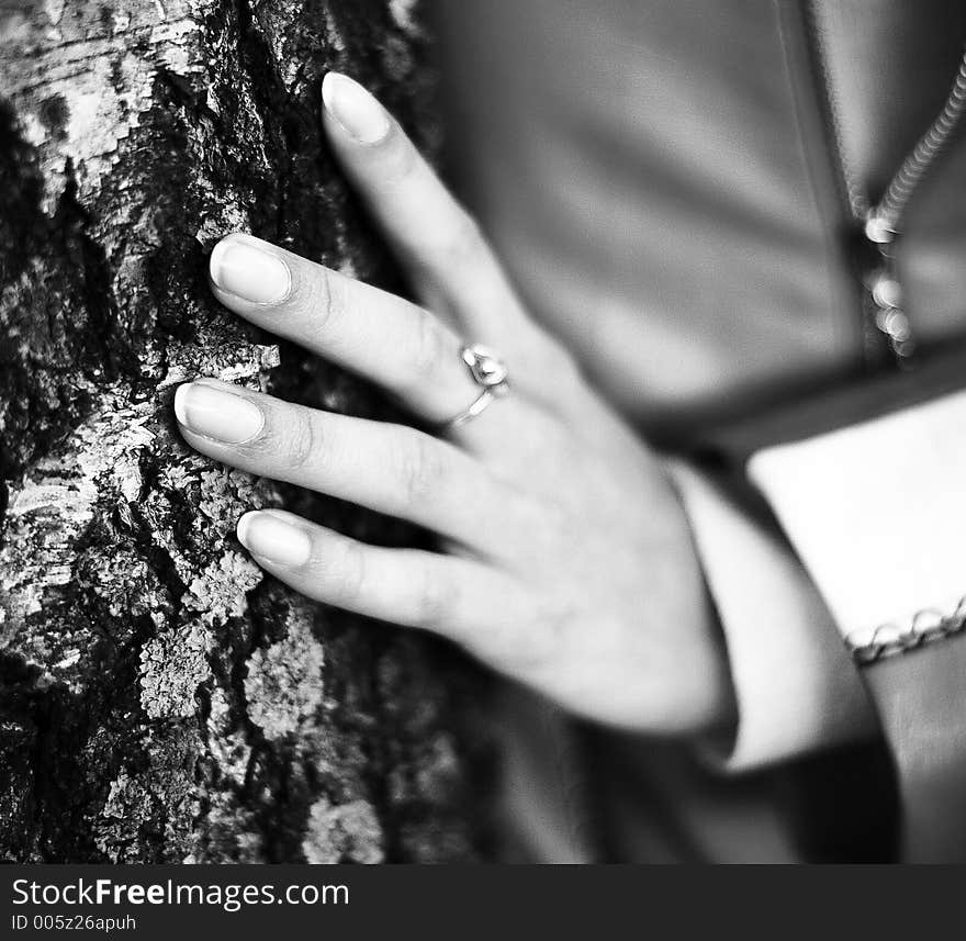 A female fingers touching the tree