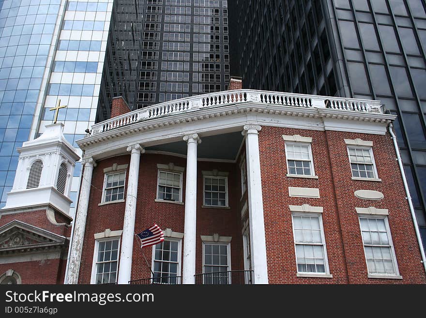 Contrast of old and new buildings in Manhattan by Staten Island Ferry Terminal. Contrast of old and new buildings in Manhattan by Staten Island Ferry Terminal