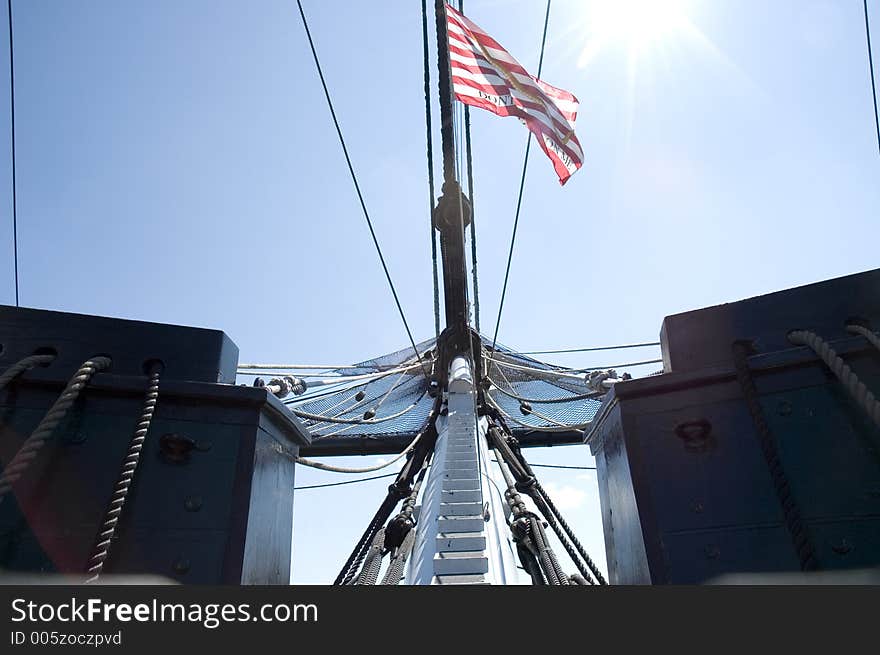 Perspective view of masts,rigging, flag  of the Old Ironsides, historic war ship, Boston, Massachussets. Perspective view of masts,rigging, flag  of the Old Ironsides, historic war ship, Boston, Massachussets