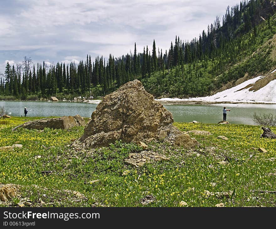 Fishing, Alpine Lake And Wildflowers