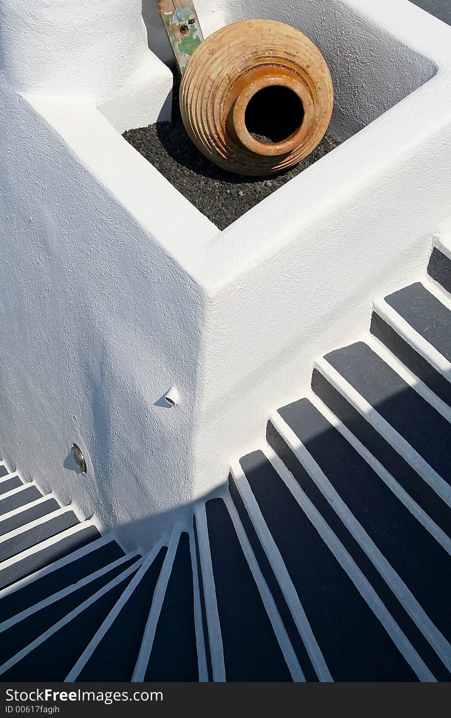 Grey stairs and white wall at Santorini Island, Greece