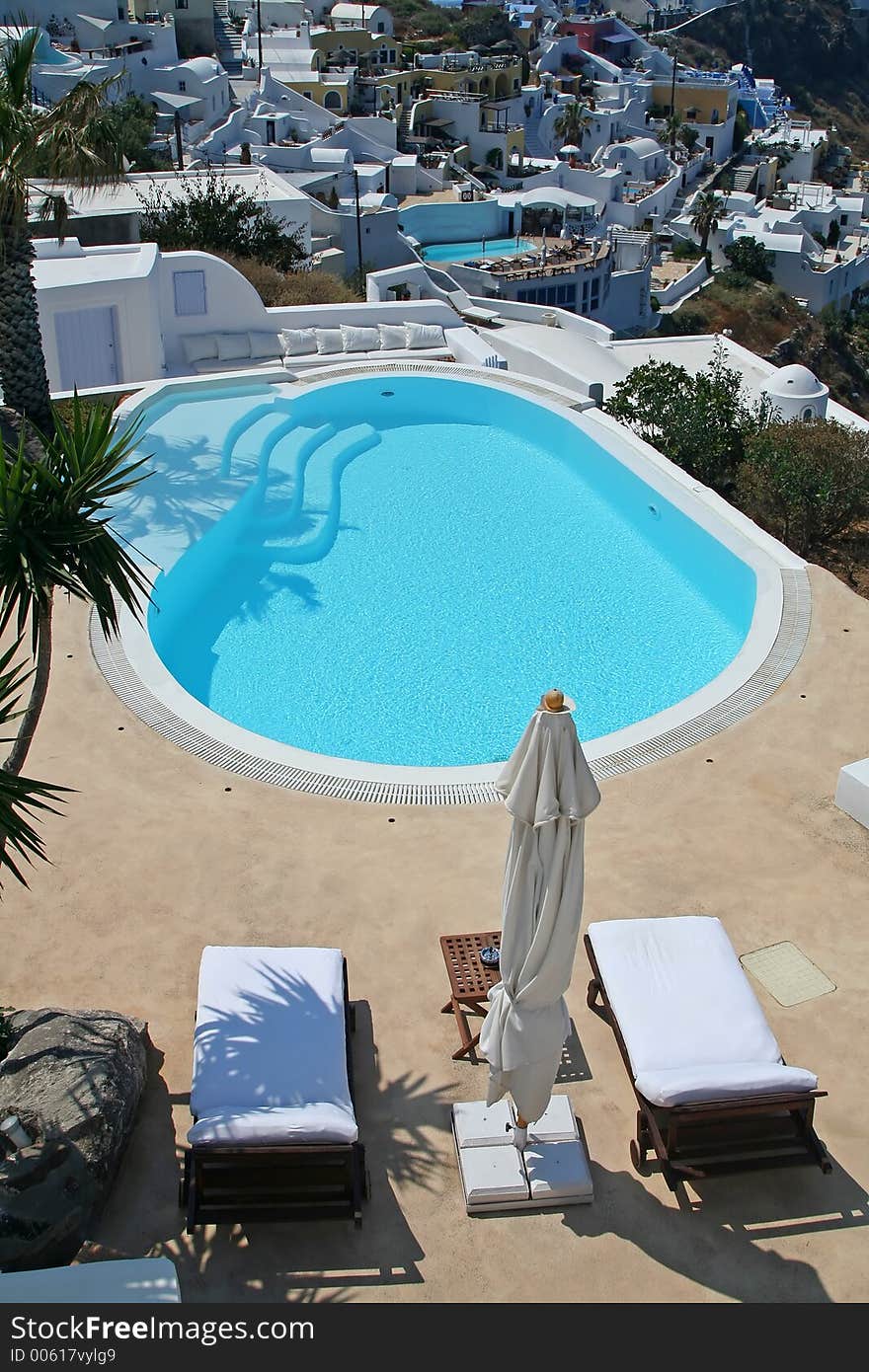 Hotel swimming pool at Santorini Island, Greece