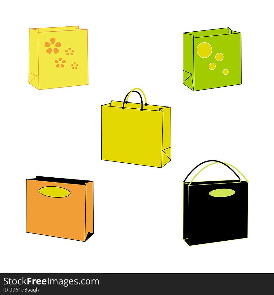 An illustration of five colourful paperbags on white background. An illustration of five colourful paperbags on white background